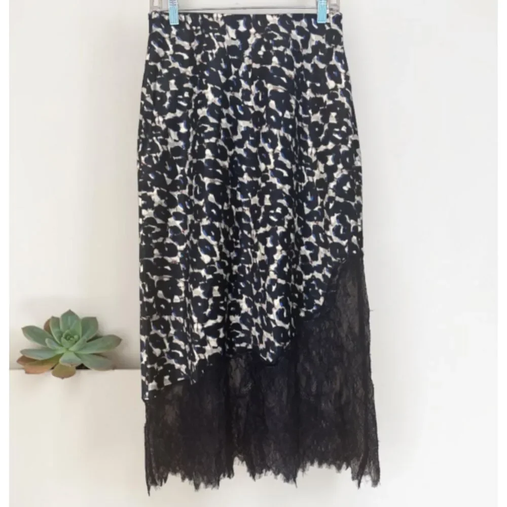Navy Animal Print Lace Hem Midi Skirt Women's Size Small Elegant Pull-On